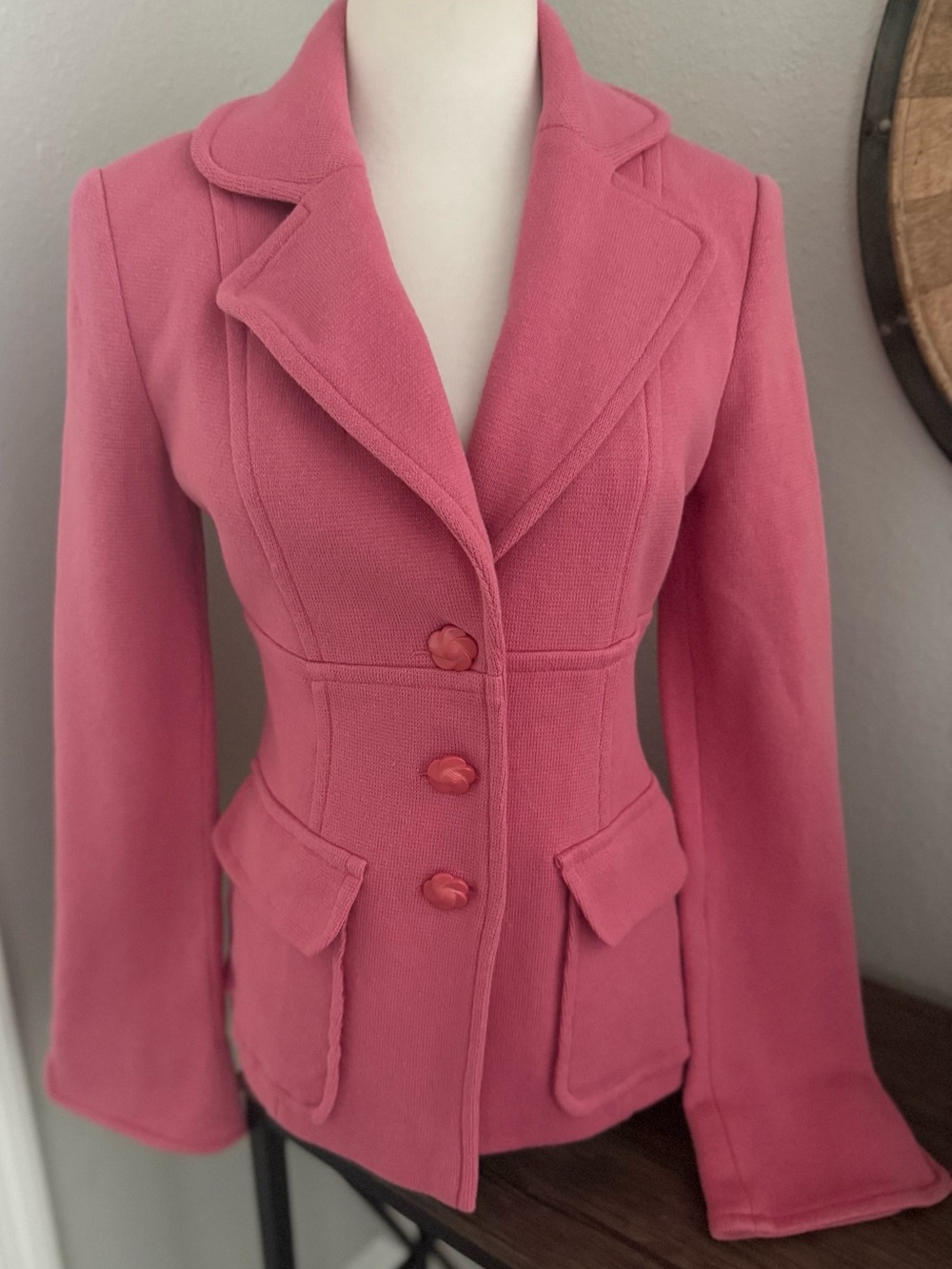 Vintage Spiegel Pink 100% Cotton Knit Skirt Suit Set Size 4 Y2K 2 Piece Blazer